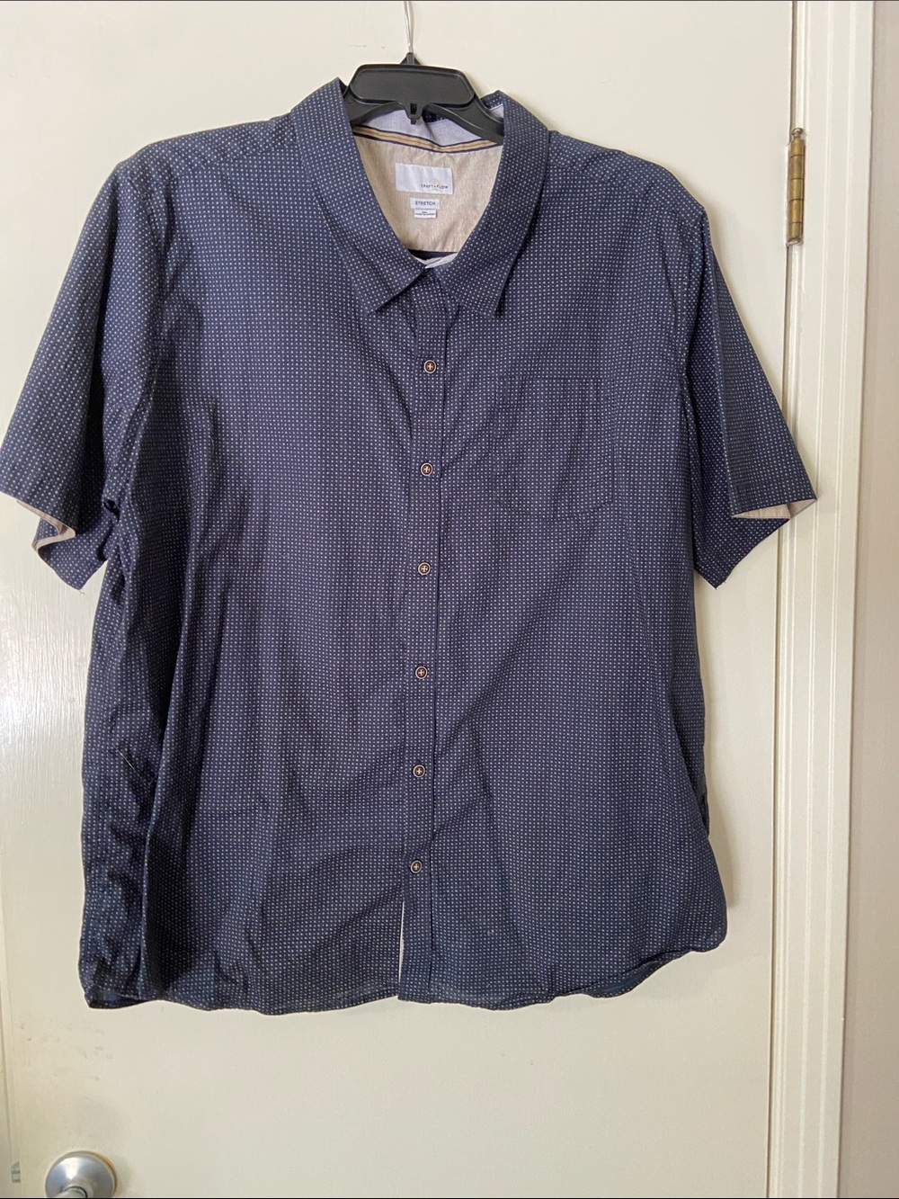 Men's Navy Short-Sleeve Button-Down Shirt with Microdot Pattern